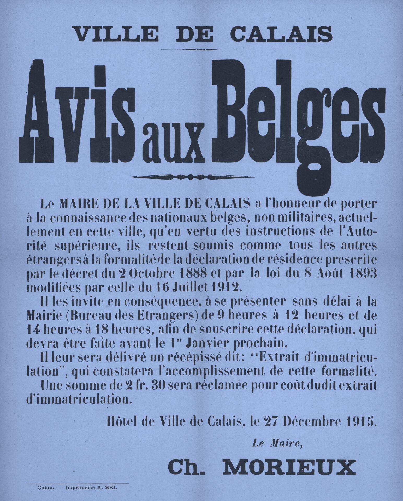Calais 14 18 avis aux belges
