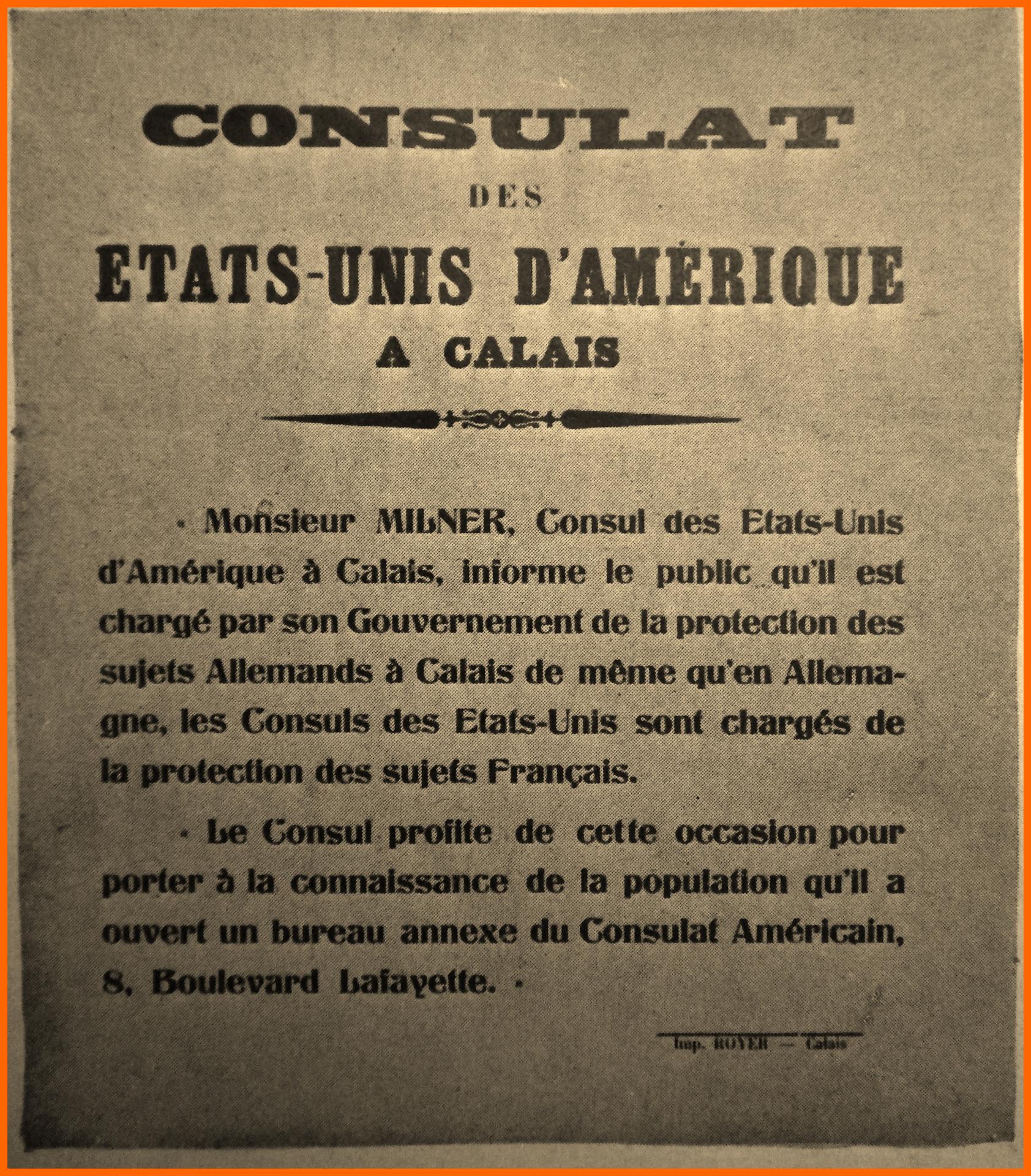 Calais 14 18 affiche du consulat encadre