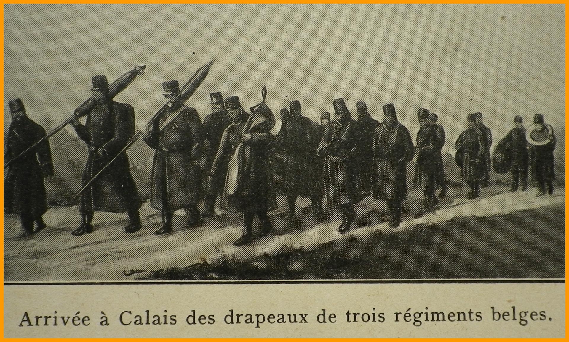 Calais 14 18 arrivee des drapeaux de trois regiments belges encadre