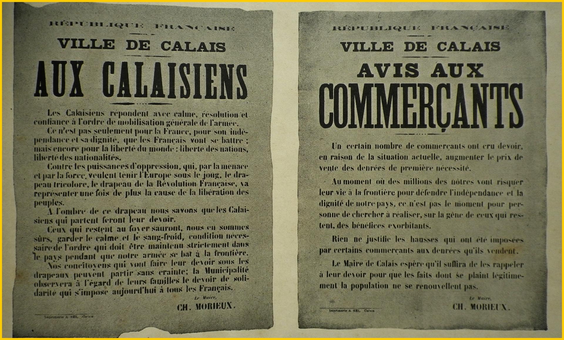 Calais 14 18 les deux premieres proclamations du maire de calais encadre
