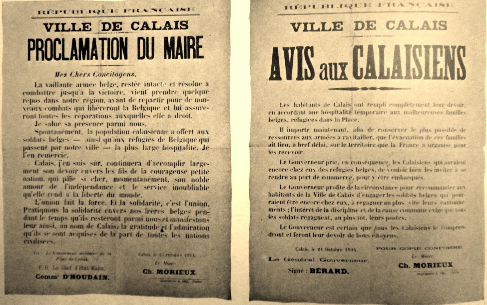 Calais 14 18 proclamation du maire de calais sur l arrivee des belges