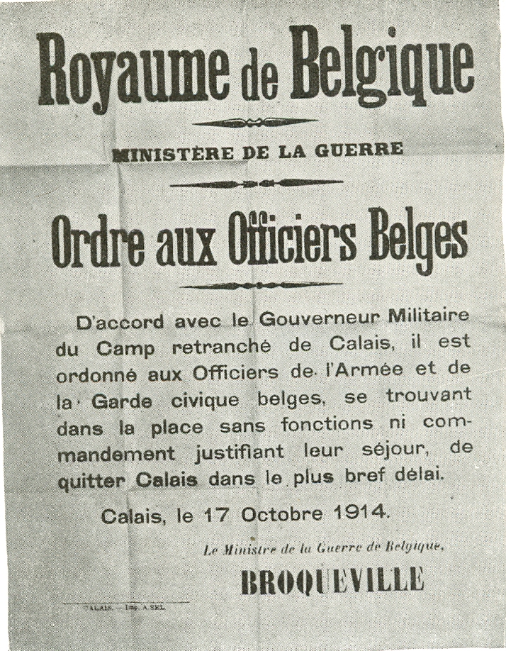 Calais 14 18 royaume de belgique ordre aux officiers belges